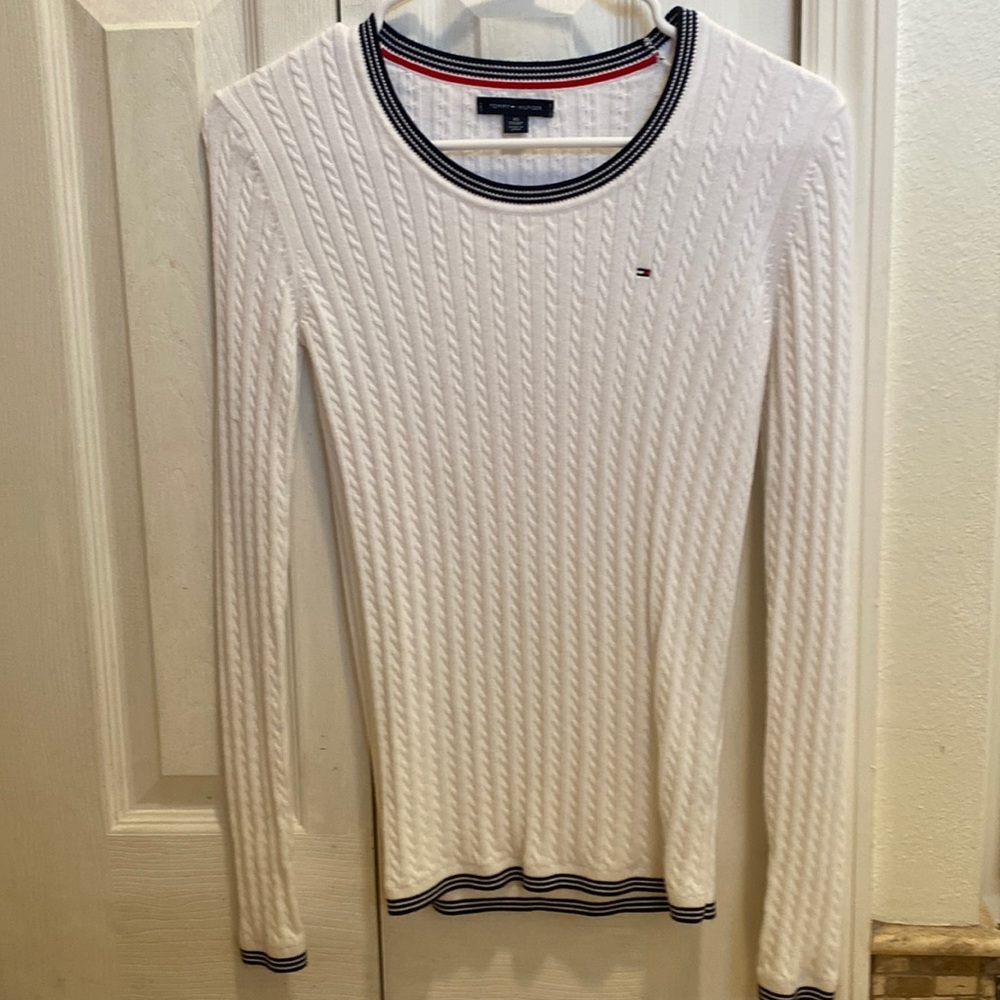 Tommy Hilfiger sweater, white with navy trim, size xs